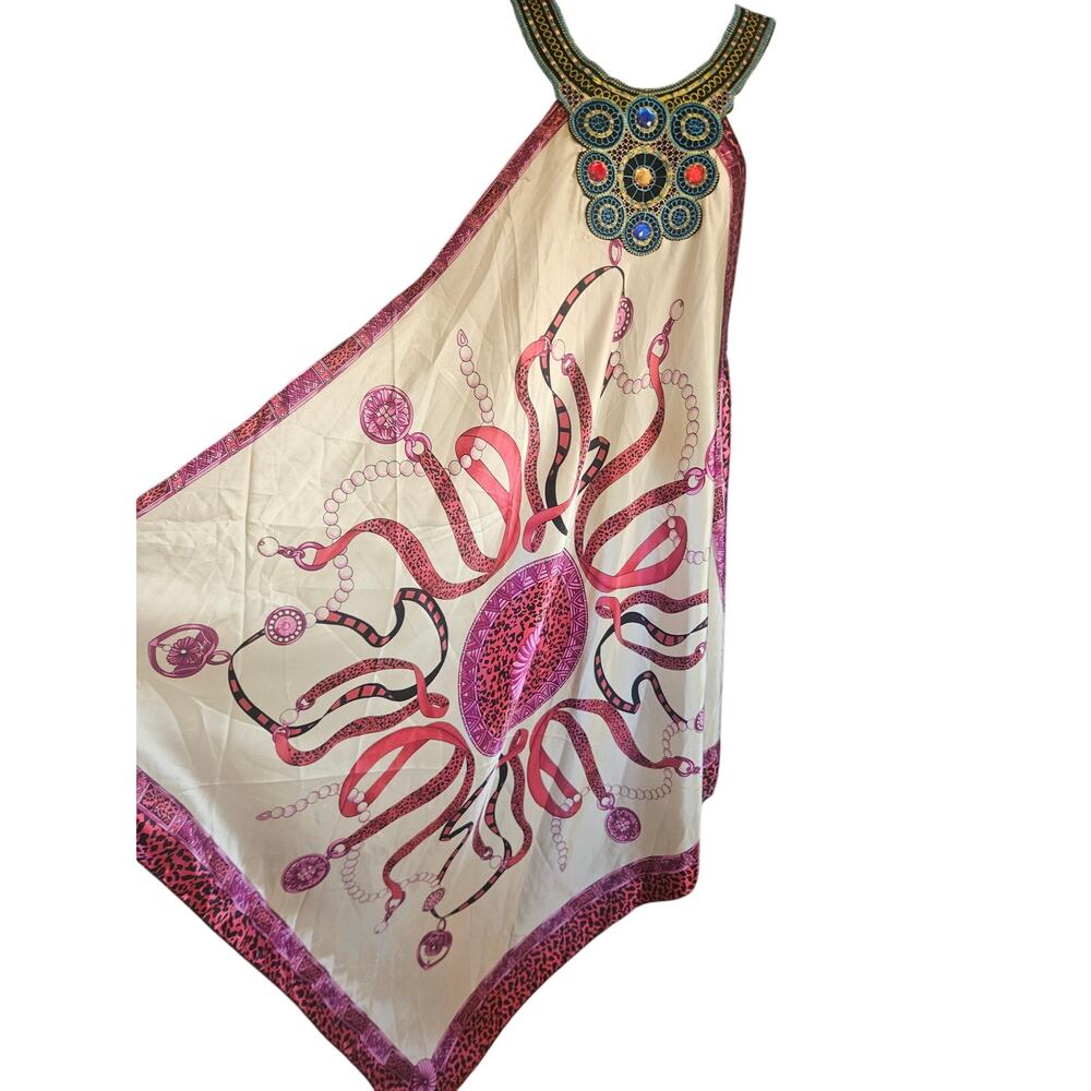 India 100% Silk Bohemian Dress White Purple Pink Beaded Embroidered One Size - Picture 3 of 9